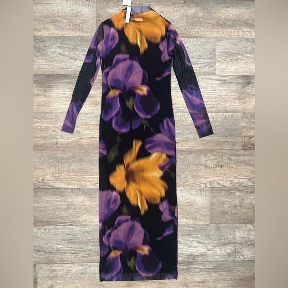 MANGO Fitted Floral Maxi Dress NWT | Multicolor High Neck Long Sleeve - Picture 15 of 16